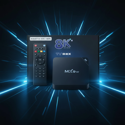 TV Box MX9 5G 8K fondo oscuro tech