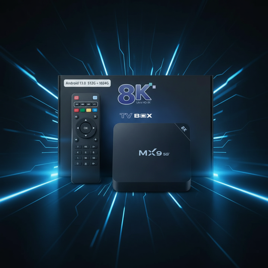 TV Box MX9 5G 8K fondo oscuro tech